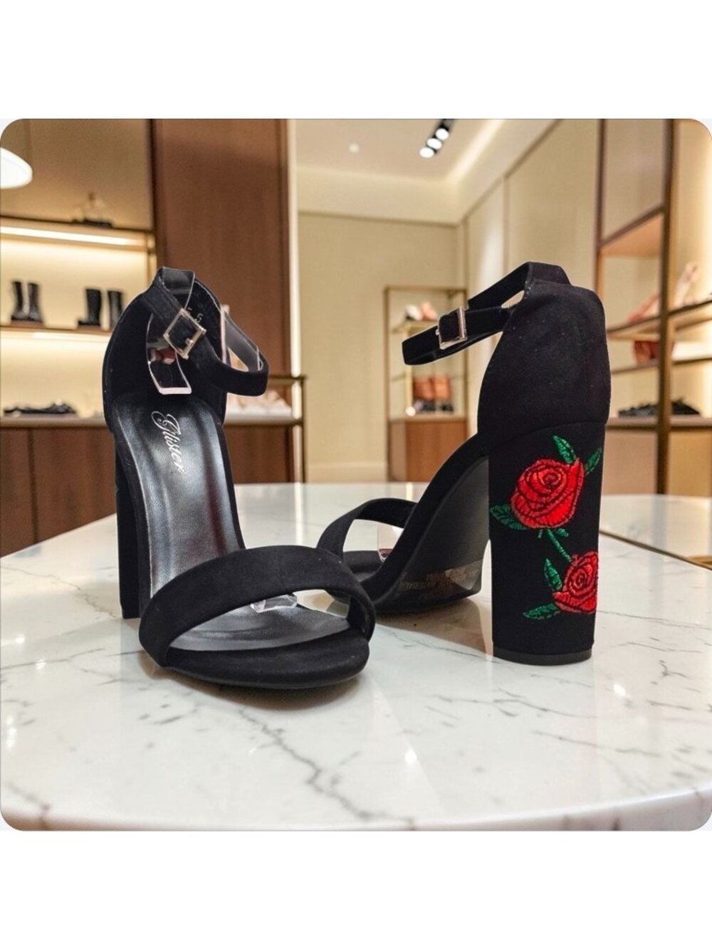 Black Faux Suede Block Heel Sandals With Rose Embroidery & Ankle Strap - Picture 5 of 13